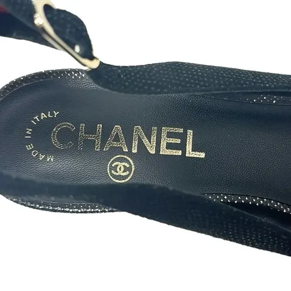 Chanel Tweed Slingback Cap Toe CC Logo Pumps Black Size 38 - Picture 9 of 12